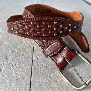Circle Y Vintage SZ 34 Brown Leather tooled studded belt Western Handmade Old $